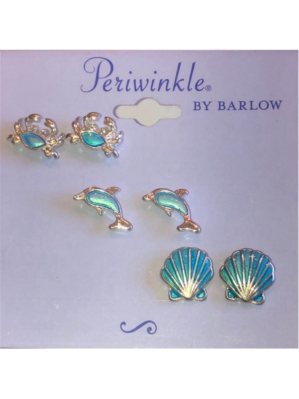 Periwinkle by Barlow Silver Tone Teal Enamel Crab Shells Dolphin Boho Earrings